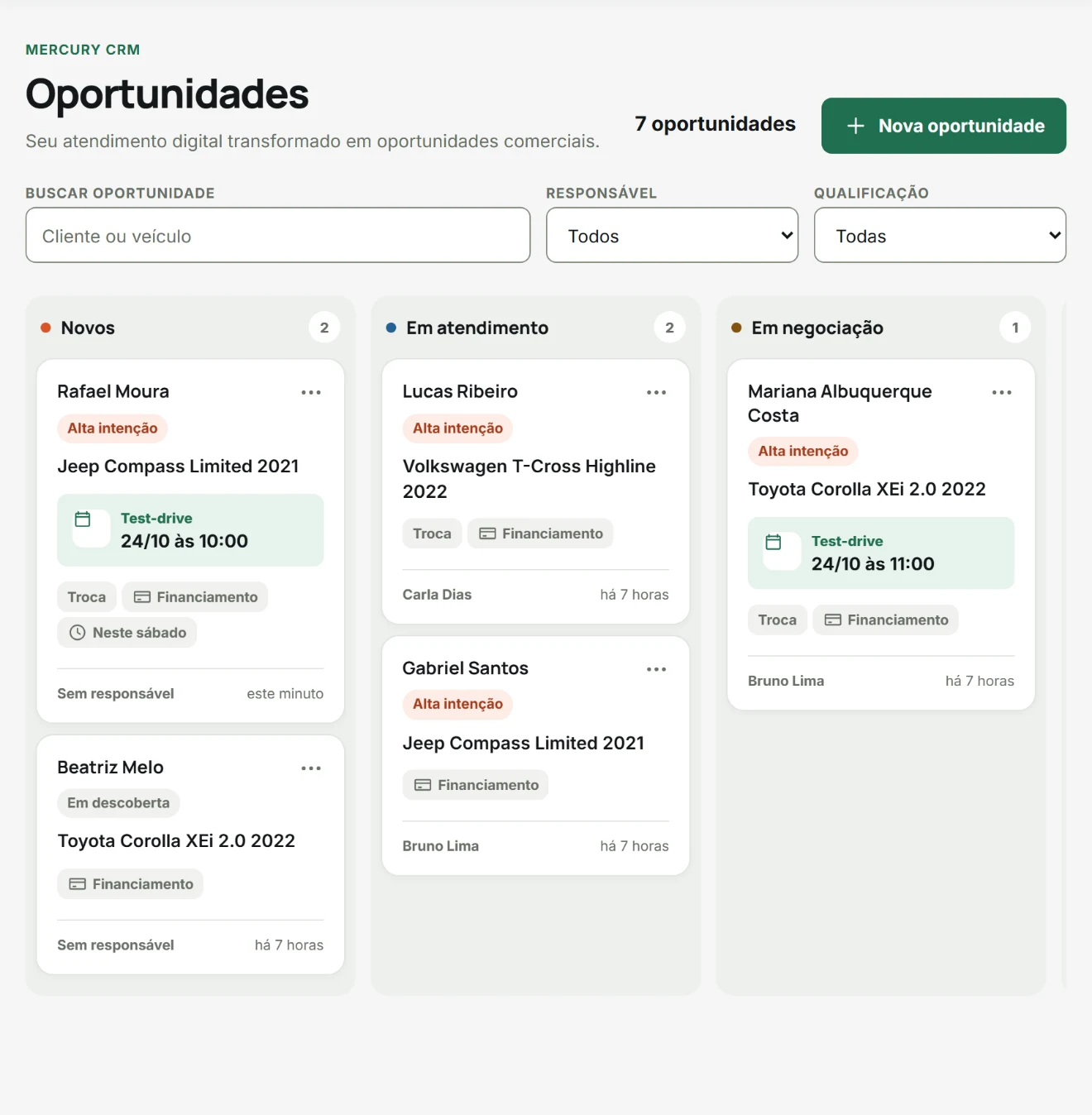 Oportunidades do Mercury Auto com etapas comerciais, responsáveis, filtros e criação de nova oportunidade.