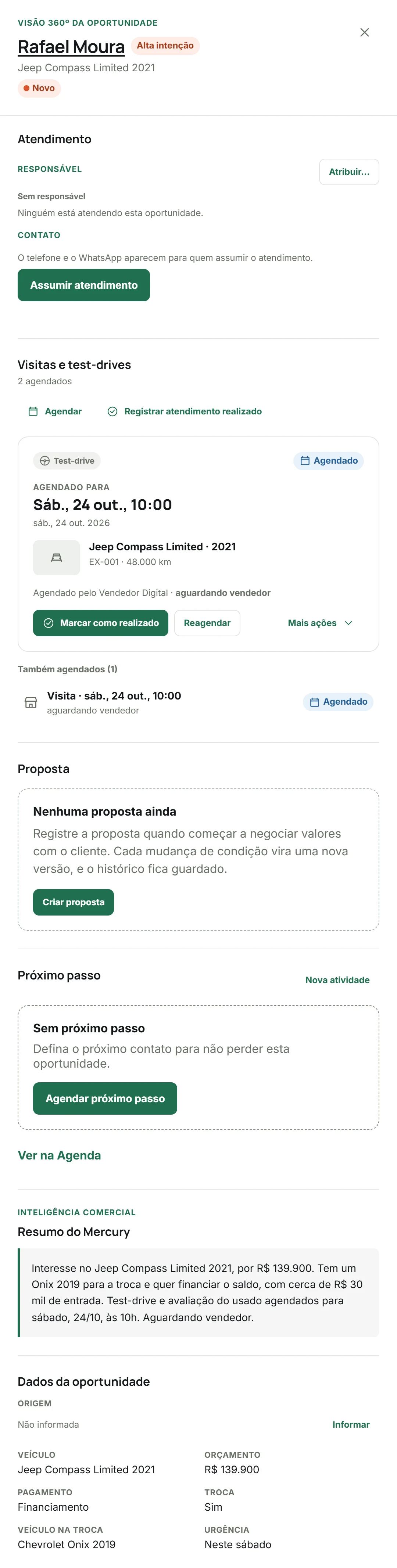 Oportunidade real de Rafael Moura preparada pelo Vendedor Digital: Compass 2021, troca do Onix, entrada de R$ 30 mil, financiamento e test-drive em 24 de outubro às 10h, aguardando vendedor.