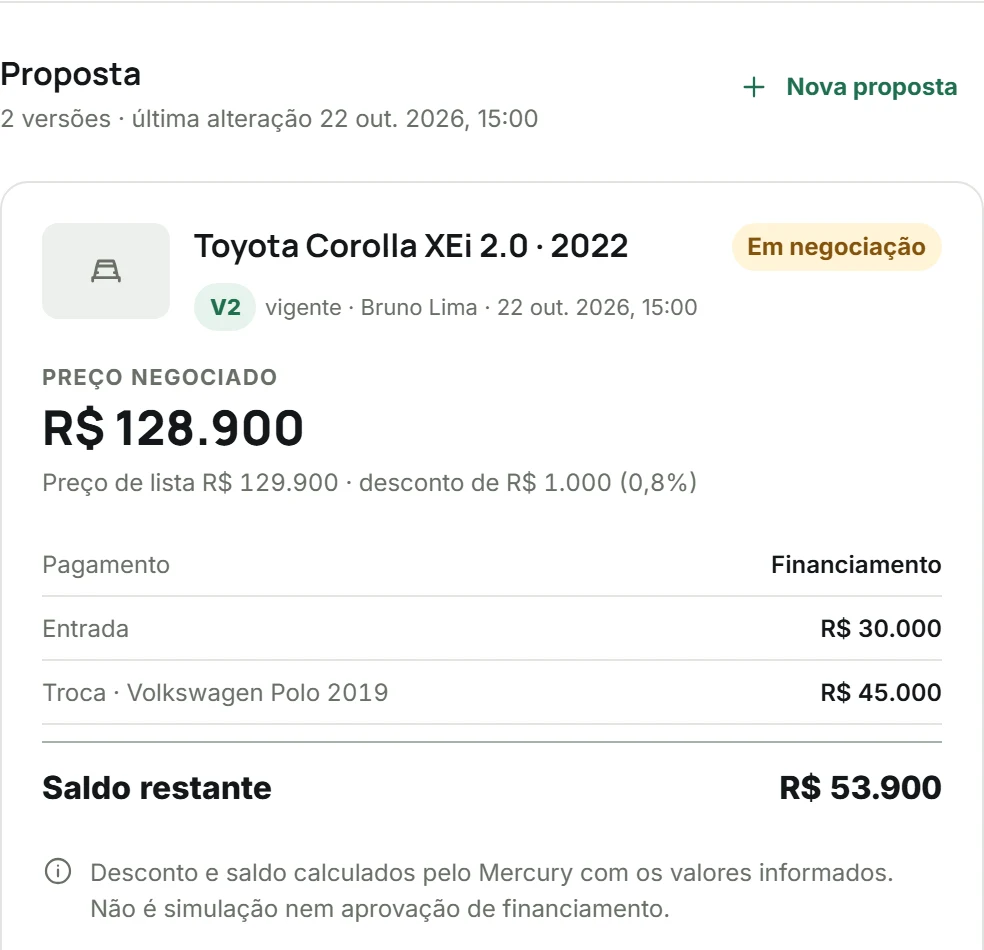 Proposta V2 do Corolla com preço de R$ 128.900, entrada, Polo na troca e saldo calculado.