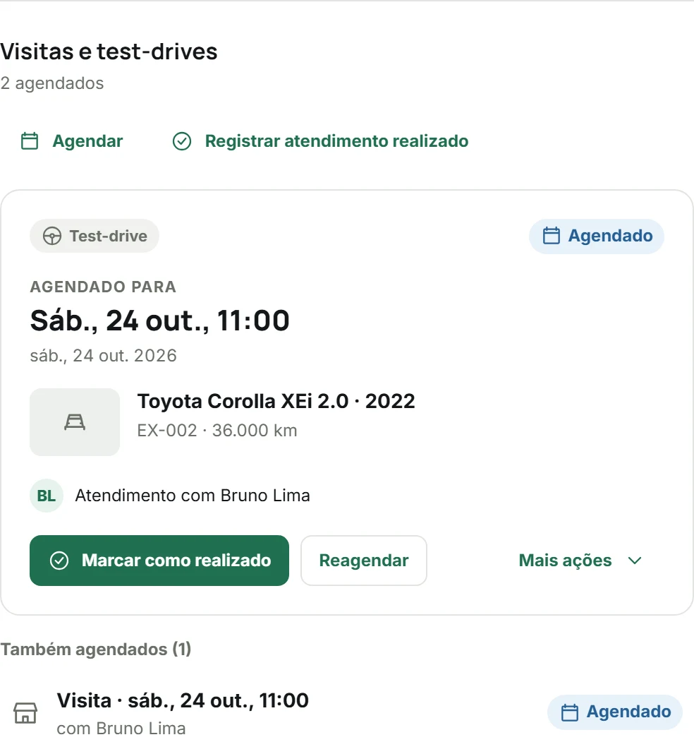 Test-drive e visita de Mariana agendados para 24 de outubro às 11h, com Bruno Lima.